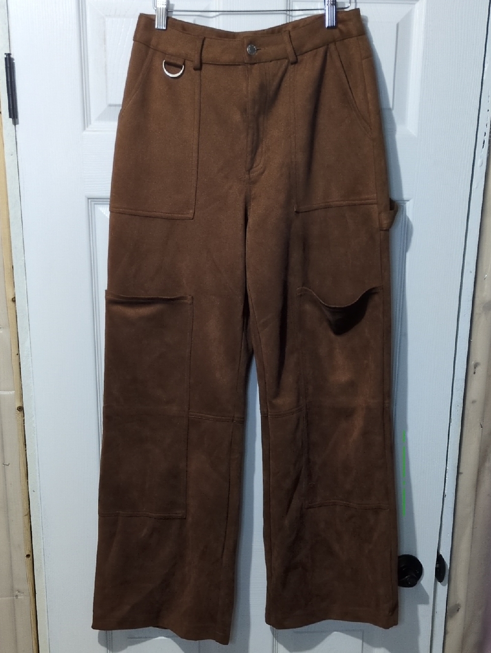 Women's Brown Suede Bobbles & Lace Utility Cargo Pants Wide Relaxed Leg M Buckle